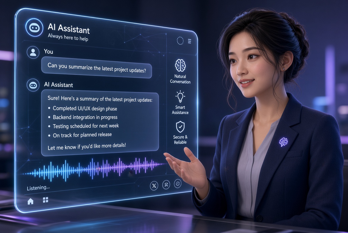 AI Virtual Avatar ผู้ช่วยดิจิทัลกำลังสนทนาผ่านหน้าจออัจฉริยะ